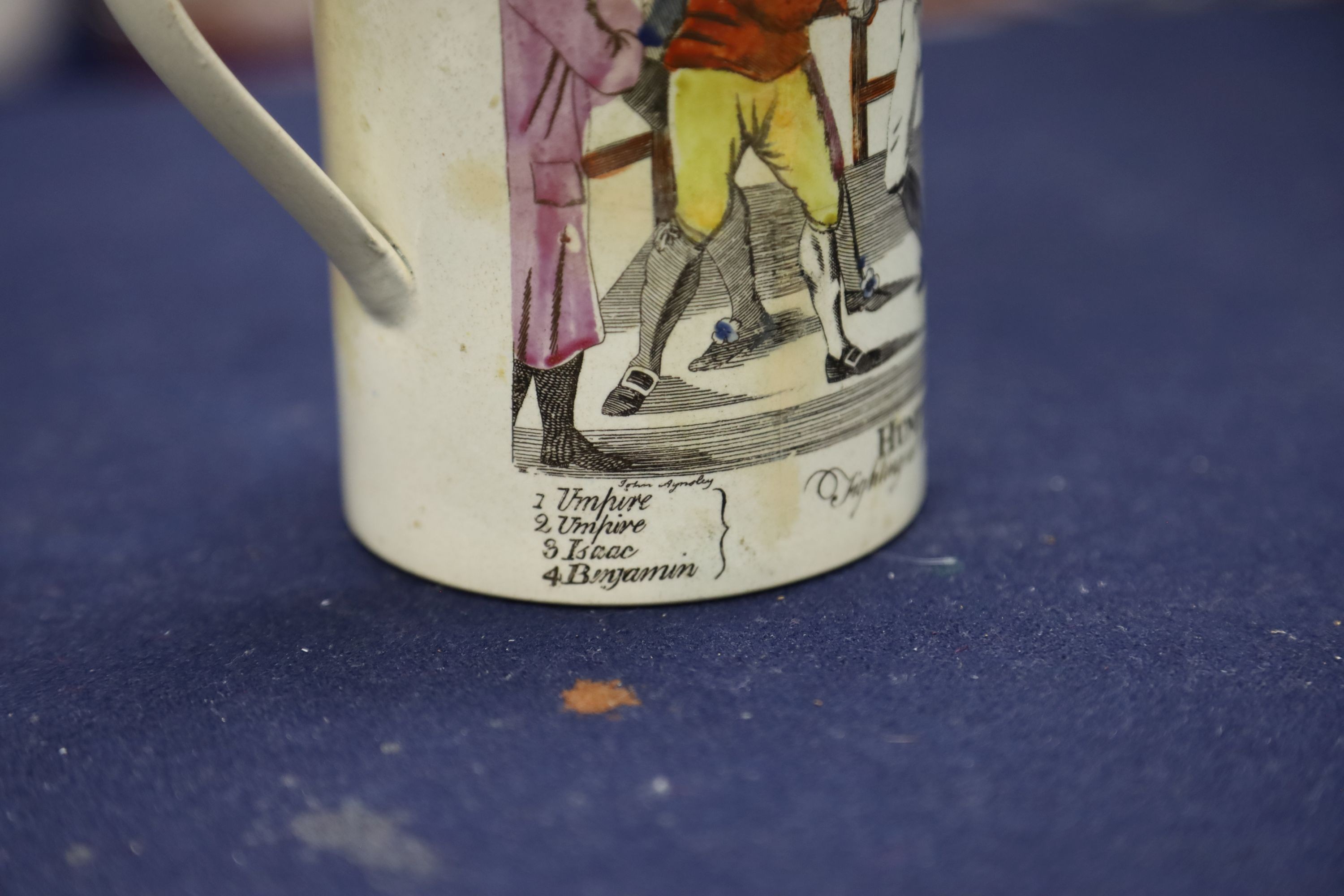 Boxing History- A late 18th century pearlware mug, depicting Humphreys v Mendoza, height 12cm